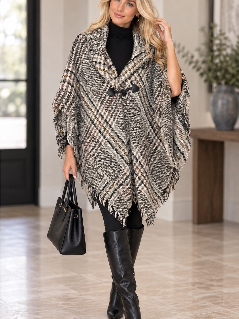 Fringed Plaid Knit Poncho Cardigan - Neutral Mix